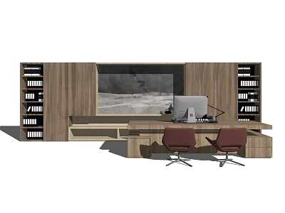 Wooden Office Desk Setup With Two Chairs Computer Bookshelves And Decorative Painting 3d model