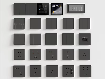 Various Smart Black Switch Panels With Sockets USB And Digital Display Arranged Neatly 3d model