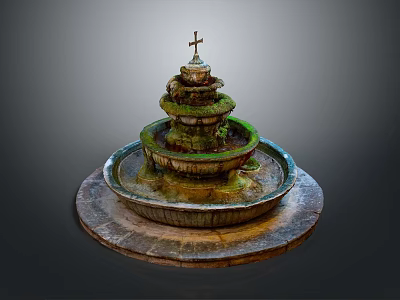Household Decorative Multi Tiered Fountain With Cross Top Green Moss And Circular Base 3d model