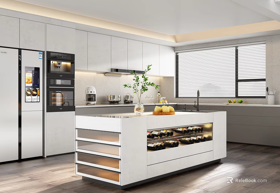 Modern Kitchen Interior With White Cabinets Island Counter And Stainless Steel Appliances 3d model 