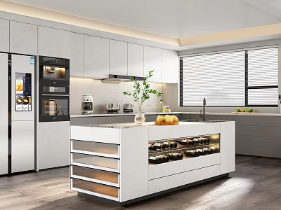 Modern Kitchen Interior With White Cabinets Island Counter And Stainless Steel Appliances 3d model
