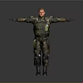 Military Figure In Camouflage Uniform With Arms Outstretched And Tactical Gear On Gray Background