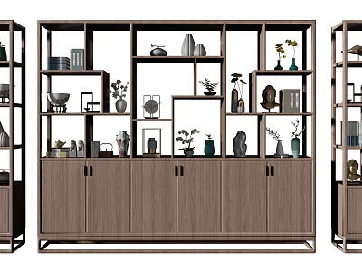 Modern Wooden Etagere With Open Shelves And Cabinet Doors Displaying Decorative Vases Sculptures And Plants 3d model