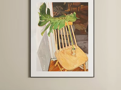 Oil Painting With Large Monstera Leaf in Small Vase on Wooden Chair 3d model