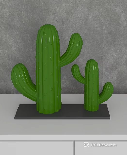 Decorative Cactus Ornament Set with Large and Small Green Cactus on Gray Base 3d model 