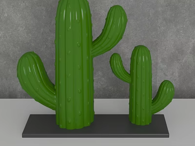 Decorative Cactus Ornament Set with Large and Small Green Cactus on Gray Base 3d model