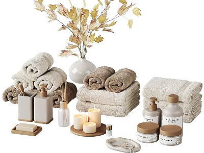 Soft Folded Towels With Scented Bottles Candles Soap And Decorative Leaves Vase 3d model