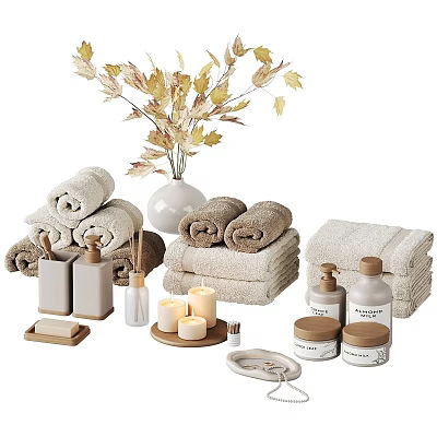 Soft Folded Towels With Scented Bottles Candles Soap And Decorative Leaves Vase 3d model