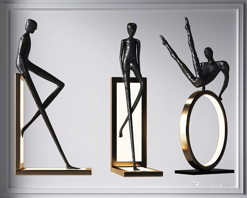 Modern Artistic Floor Lamp With Black Gold Human Figure Sculptures And Circular Base 3d model 