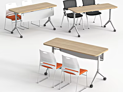 Modern Office Desk Design With Wooden Top Metal Legs And White And Orange Chairs 3d model