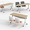 Modern Office Desk Design With Wooden Top Metal Legs And White And Orange Chairs