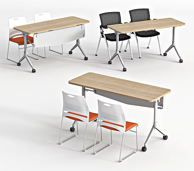 Modern Office Desk Design With Wooden Top Metal Legs And White And Orange Chairs 3d model