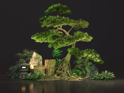 Bonsai Pine Tree Landscape With Rock Formation Stone Lantern And Green Plants 3d model