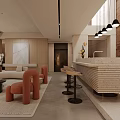 Modern Living Room Interior Design With Beige Curved Sofa TV Wall Shelves And Orange Chairs