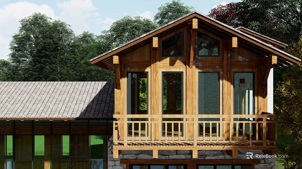 Wooden Detached Villa With Large Glass Windows Balcony Sloped Roof And Surrounded By Green Trees 3d model 