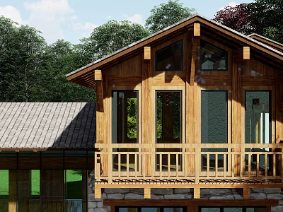 Wooden Detached Villa With Large Glass Windows Balcony Sloped Roof And Surrounded By Green Trees 3d model