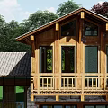 Wooden Detached Villa With Large Glass Windows Balcony Sloped Roof And Surrounded By Green Trees