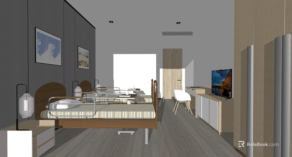 Modern Bedroom Interior With Bedside Table TV Desk Chair And Paintings 3d model 