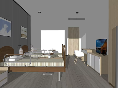 Modern Bedroom Interior With Bedside Table TV Desk Chair And Paintings 3d model