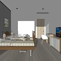 Modern Bedroom Interior With Bedside Table TV Desk Chair And Paintings