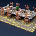 Dining Table Set with Carved Chairs Tableware Candle Holders Fruit Bowl and Green Plants