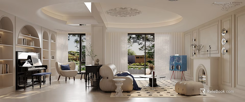 Modern Living Dining Room With White Sofa Circular Ceiling And Large Windows 3d model 