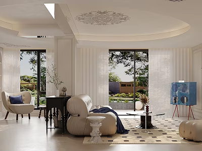 Modern Living Dining Room With White Sofa Circular Ceiling And Large Windows 3d model