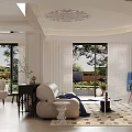 Modern Living Dining Room With White Sofa Circular Ceiling And Large Windows 3d model