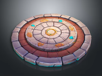 Circular Layered Stone Platform With Concentric Circles Golden Runes And Blue Gems 3d model