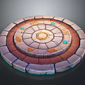 Circular Layered Stone Platform With Concentric Circles Golden Runes And Blue Gems