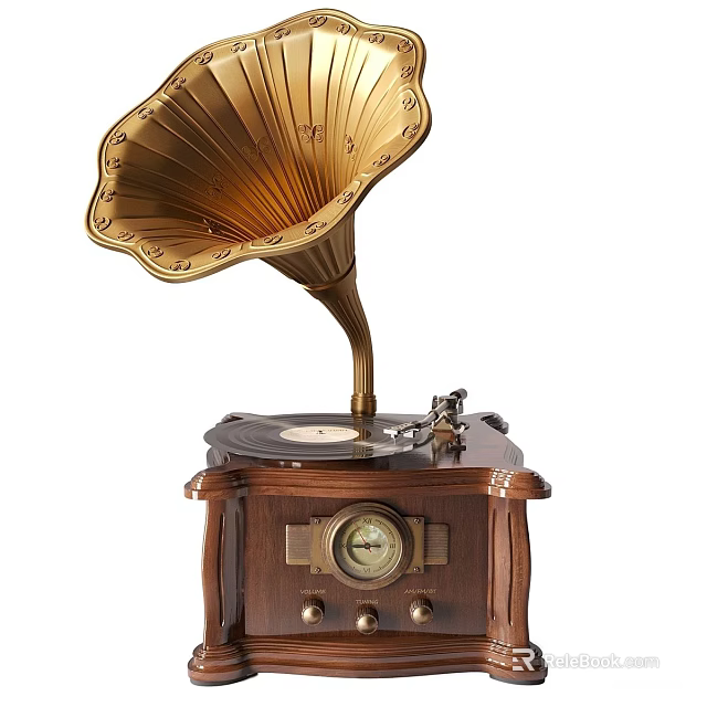 Vintage Entertainment Appliance Gramophone With Golden Horn Wooden Base And Classic Design 3d model 
