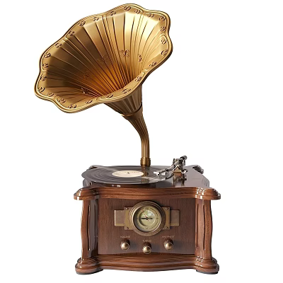 Vintage Entertainment Appliance Gramophone With Golden Horn Wooden Base And Classic Design 3d model