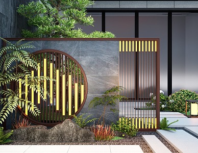 New Chinese style courtyard landscape wall landscape grille screen partition background fence 3d model