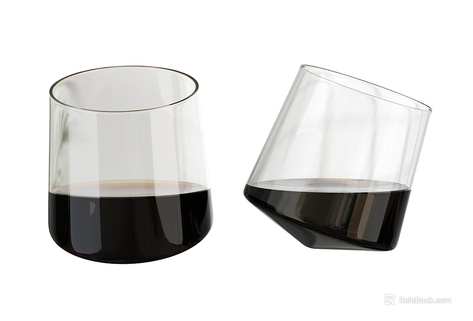Clear Glass Wine Bottle And Wine Glasses With Dark Liquid In Standing And Leaning Positions 3d model 