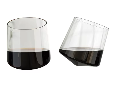 Clear Glass Wine Bottle And Wine Glasses With Dark Liquid In Standing And Leaning Positions 3d model