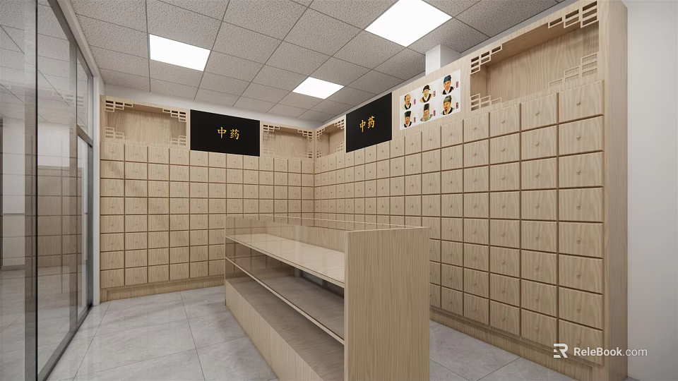 Traditional Chinese Medicine Pharmacy Interior With Wooden Drawers Counter And Signs 3d model 