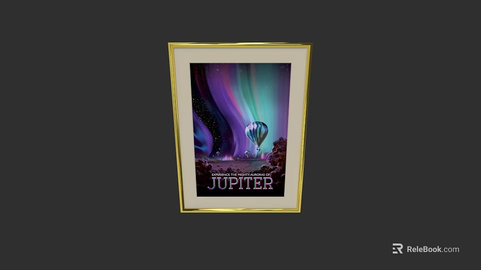 Elegant Photo Wall with Golden Frame Aurora Hot Air Balloon and JUPITER Text 3d model 
