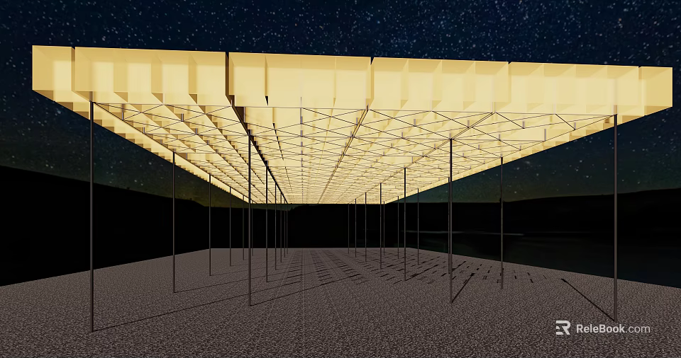 Illuminated Pergola With Grid Roof Structure And Support Columns Under Night Sky 3d model 