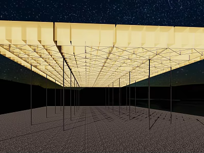 Illuminated Pergola With Grid Roof Structure And Support Columns Under Night Sky 3d model