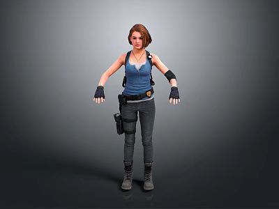 3D Female Character Model With Blue Tank Top Gray Pants Black Wrist Guards And Utility Pouch 3d model