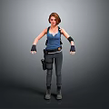 3D Female Character Model With Blue Tank Top Gray Pants Black Wrist Guards And Utility Pouch