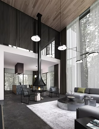 Villa pick empty living room fireplace sofa tea table chandelier 3d model