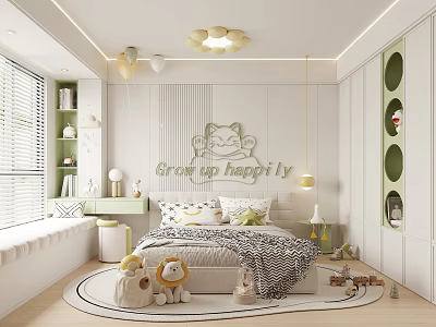 Kids Room Interior With Cartoon Cat Decor Stuffed Animal Toys And Green Circular Shelves 3d model