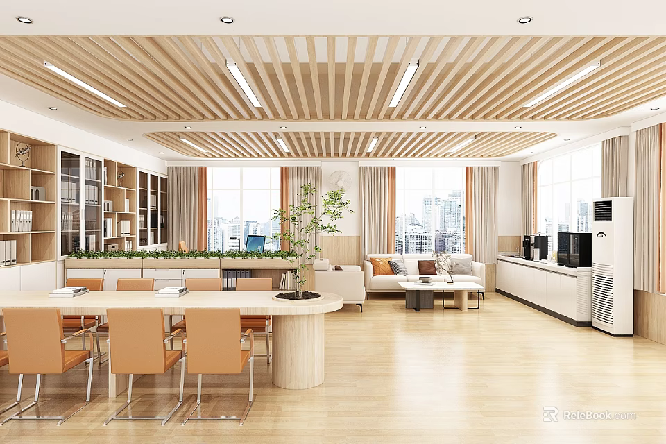 Modern Office Interior Featuring Wooden Ceiling Large Windows Sofa Area Conference Table And Green Plants 3d model 