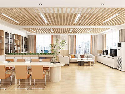 Modern Office Interior Featuring Wooden Ceiling Large Windows Sofa Area Conference Table And Green Plants 3d model