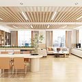 Modern Office Interior Featuring Wooden Ceiling Large Windows Sofa Area Conference Table And Green Plants