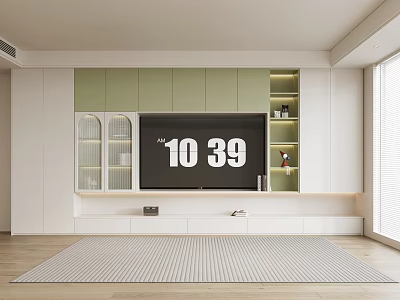 Modern Green TV Stand with Glass Doors Open Shelves and Storage in Living Room 3d model
