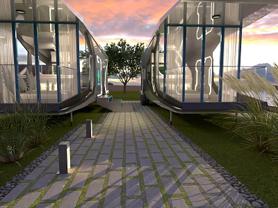 Modern Glamping Site With Glass Cabins Stone Pathway Grass Lawn And Sunset View 3d model