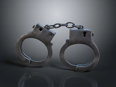 Metal Handcuffs With Connected Chain Against Dark Background Showing Metallic Texture 3d model