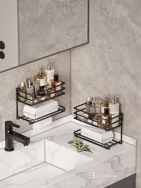 Bathroom Daily Washing Supplies Organizer On Wall Mounted Black Metal Shelf With White Countertop 3d model 